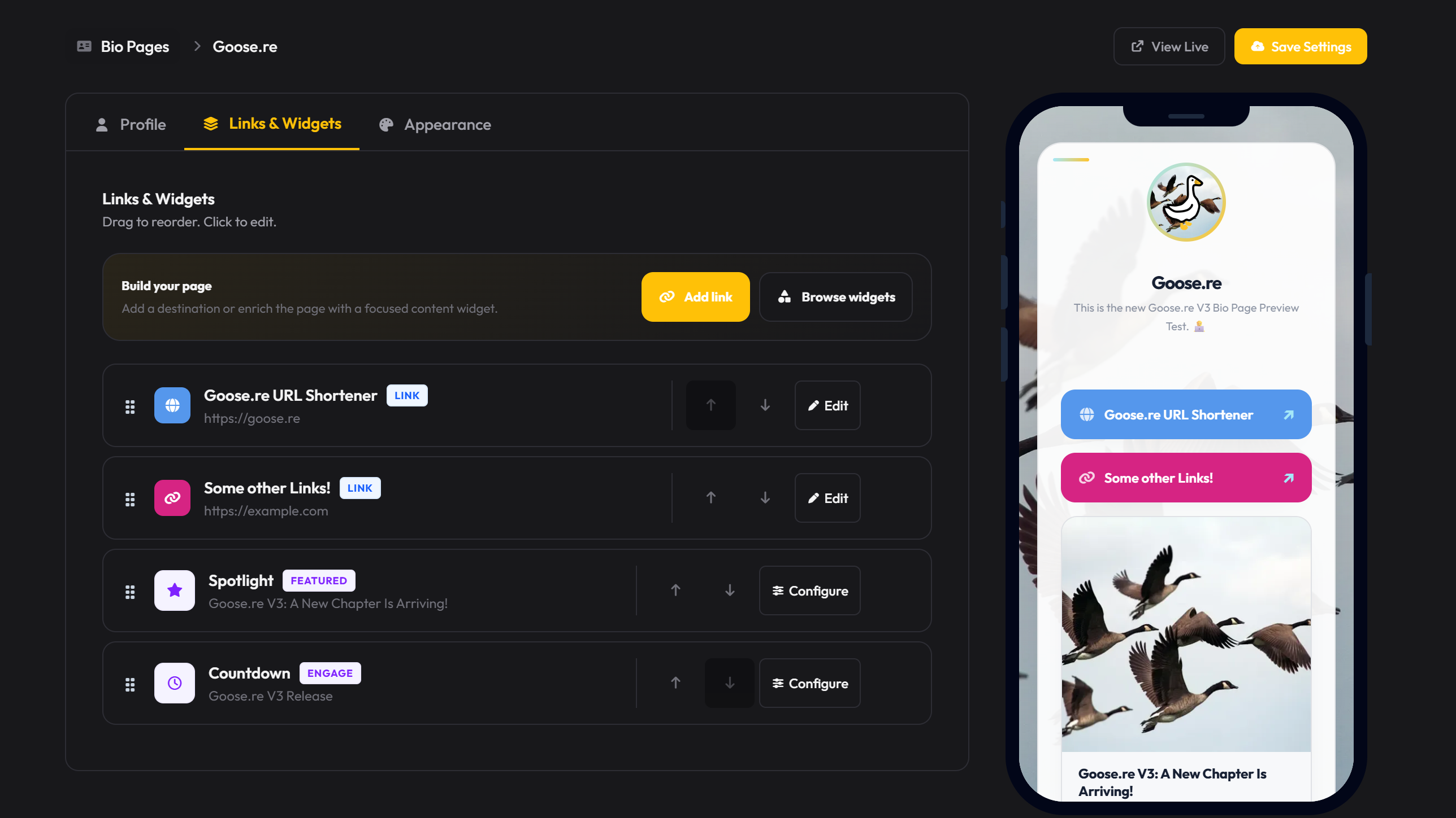 Bio Page editor showing different content blocks