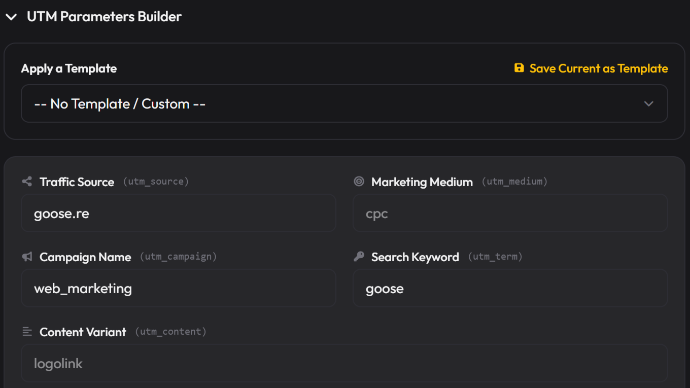Goose Links UTM builder showing campaign tracking parameters
